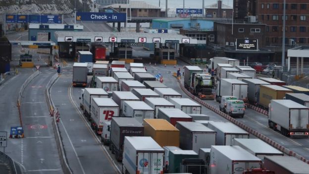 Lorries queue at Dover, UK. File photo