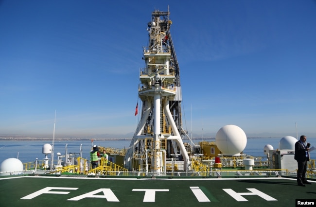 FILE - Flight deck of Turkish drilling vessel Fatih is pictured off the Mediterranean resort city of Antalya, Turkey, Oct. 30, 2018.