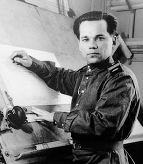 Mikhail Kalashnikov on the drawing board designing the AK-47 rifle