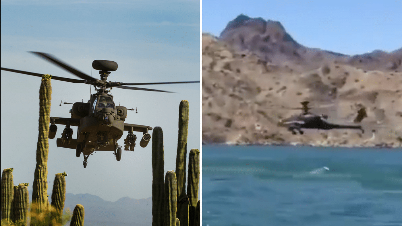 Apache AH-64 taken from <a href=https://www.boeing.com/defense/ah-64-apache/>Boeing</a> website (left); Chopper seen at the back in the viral video (right).