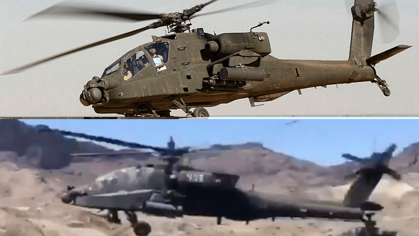 Picture of Apache Ah-64 from Wikipedia (top); picture of chopper from viral video (bottom)
