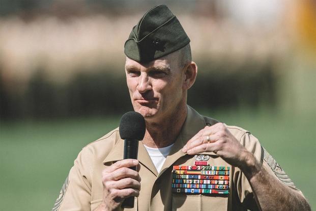 U.S. Marine Sgt. Maj Troy E. Black addresses Marines, Sailors and guests during the 1st MLG Relief and Appointment Ceremony aboard Camp Pendleton, Calif., April 7, 2017. (U.S. Marine Corps/Sgt. Zabolotniy, Camp Pendleton)