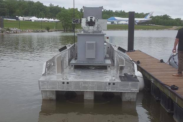 The Navy and Textron showed off for the first time a weaponized prototype of a small unmanned surface vessel (USV) designed to revolutionize sea warfare, May 6, 2019. (Military.com photo/Richard Sisk)