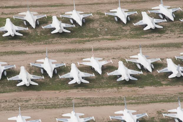 Retired F-16 Fighting Falcons sit at the 309th Aerospace Maintenance and Regeneration Group’s Aircraft and Missile Storage and Maintenance Facility on Davis-Monthan AFB, Arizona, on Aug. 2, 2017. The AMARG is the largest aircraft storage and preservation facility in the world.(U.S. Force photo by Staff Sgt. Perry Aston)