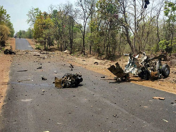 Mangled remains of a police vehicle, maoist attack
