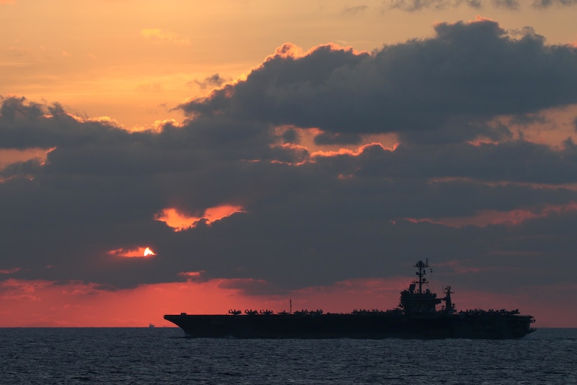 The aircraft carrier USS John C. Stennis transits the South China Sea.