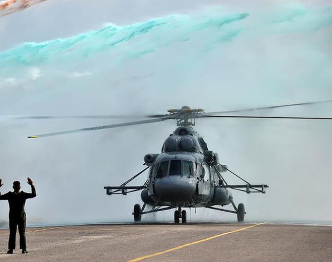 Mi – 17 V5 Helicopter receives welcome shower during the induction ceremony at Safdarjung Airport on April 09, 2015. | File photo